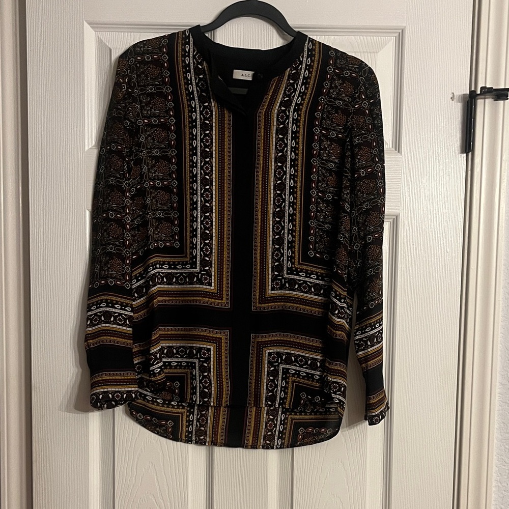 A.L.C. Silk Women's Black and Brown Geometric Blouse